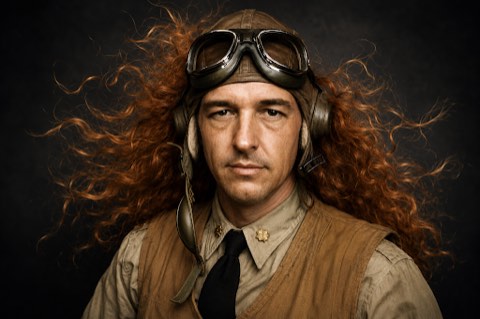 A high-contrast portrait of a pilot with long red hair, wearing a vintage flight cap and goggles, embodying a bold and unconventional aesthetic.